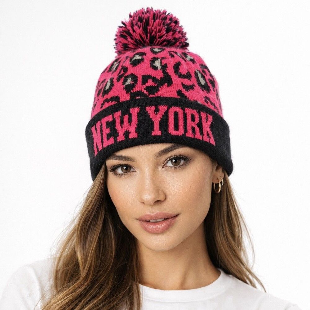 Hot Pink Black Leopard Print  Beanie Pom Pom New York Warm Winter Hat One Size